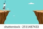 creative problem solving at work illustration with the concept of a businesswoman who is looking for a way to cross the gap between two cliffs, challenge at work