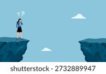 creative problem solving at work illustration with the concept of a businesswoman who is looking for a way to cross the gap between two cliffs, challenge at work