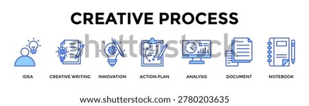 Creative Process Banner Web Icon Set Collection Pack Vector Illustration Concept Containing Idea, Creative Writing, Innovation, Action Plan, Analysis, Document, Notebook