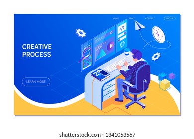 Creative process and brainstorming. Landing page template. Vector illustration isometric style