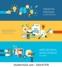 Creative process branding web design development process concept flat icons set  and vector web banners illustration print materials website click infographics elements collection