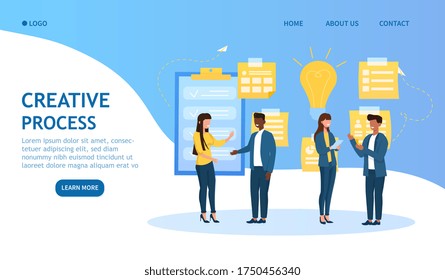 Creative Process in business concept with a diverse group of colleagues standing brainstorming new ideas and projects with lightbulb and pinned notices on the wall, colored vector illustration