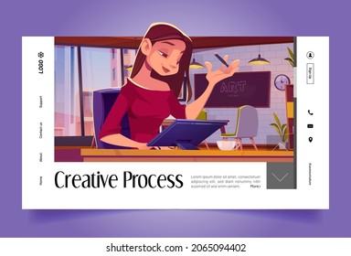 Creative process cartoon landing page. Woman working in loft office sitting at desk with graphic tablet front of wide floor-to-ceiling window develop art project at workplace, Vector web banner