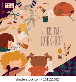Creative process with child painting and childrens handiwork. Christmas workshop