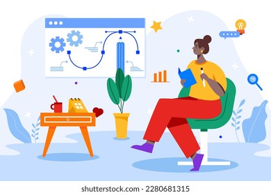 Creative process color concept with people scene in the flat cartoon style. Creative woman draw her ideas in notebook. Vector illustration.