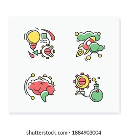 Creative process color icons set. Including inspiration, brainstorm, experiment. Linear pictograms for design and development process stages. Isolated vector illustrations for project management