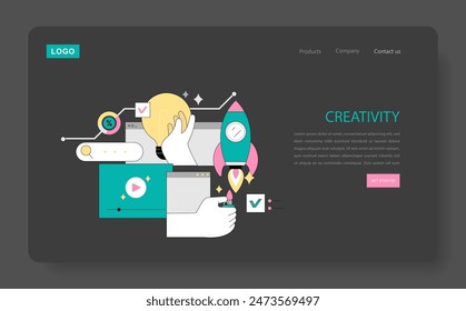 Concepto de proceso creativo. Una atractiva ilustración que representa la imaginación, la ideación y el pensamiento creativo en un espacio de trabajo moderno. Ilustración vectorial.