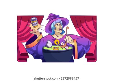 Creative process concept with people scene in flat cartoon design for web. Witch creates metaphor potion in cauldron, finds new ideas. Vector illustration for social media banner, marketing material.