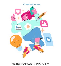 Creative Process concept. A person engrossed in content creation, surrounded by symbols of innovation and social media. Modern creativity and digital networking. Vector illustration.