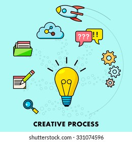 Creative process concept template on light background Flat icons with outline Web banner template Hero image Vector illustration