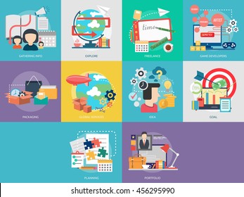 Creative Process Conceptual Design | Set of great flat icons with style long shadow icon and use for Business, Creative Idea, Concept, Marketing and much more