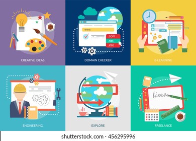 Creative Process Conceptual Design | Set of great flat icons with style long shadow icon and use for Business, Creative Idea, Concept, Marketing and much more