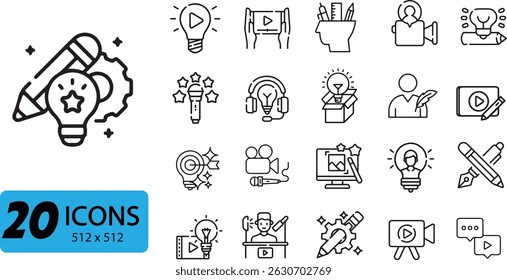 Creative Process and Content Creation Icon Set: 20 Outline Vector Illustrations for Idea Generation and Media Production