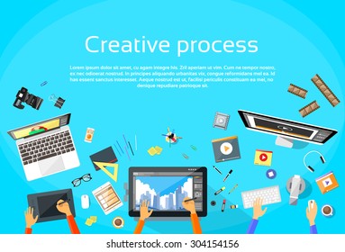 Creative Process Digital Designer Team Flat Vector Illustration