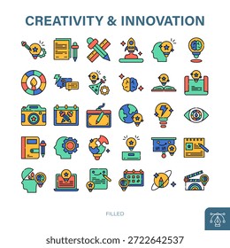 Conjunto de iconos rellenos de procesos creativos: generación de ideas e innovación
