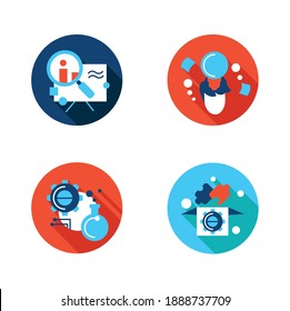 Creative process flat icons set. Sign collection for design and development process stages, from idea to final product. Color vector illustrations with shadow for project management