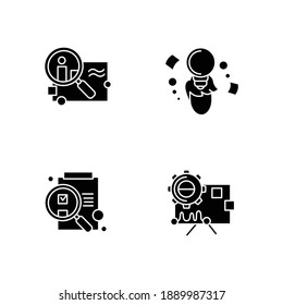 Creative process glyph icons set. Research, idea, performance and more. Filled flat signs for design and development process stages. Isolated silhouette vector illustrations for project management