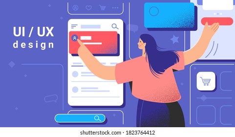 Creative process of graphic designer or web developer. Flat vector illustration of woman as ui ux designer placing banners and interface elements on mobile layout for user interactions prototyping