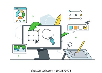 Creative process of graphic development vector illustration. Art project in progress, digital tablet with tools flat style. Design concept