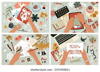 Creative process. Handmade, creating Christmas decorations, congratulations and cards. Happy holiday. Flat style in vector illustration.