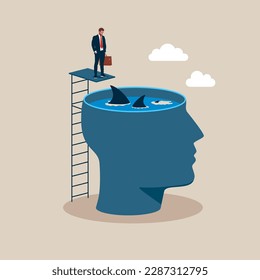 Creative process, in the  head of circling sharks. Businessman jumping into hole. Business and financial crisis. Modern vector illustration in flat style