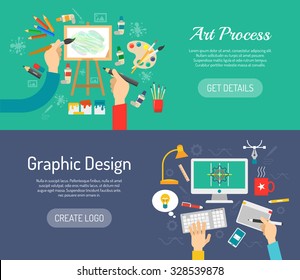 Creative process horizontal banners set with painter and graphic designer workspace isolated vector illustration