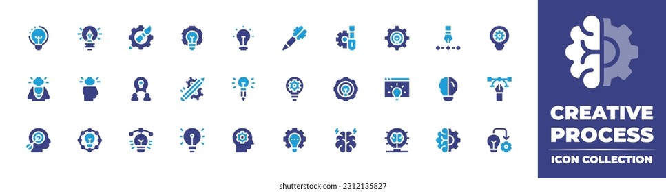 Creative process icon collection. Duotone color. Vector illustration. Containing lightbulb, light bulb, paint brush, idea, creative, screwdriver, innovation, pen, frustration, exploding, conversation.