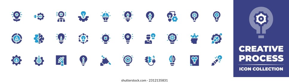 Sammlung von Kreativprozess-Symbolen. Duotonfarbe. Vektorgrafik. Mit Prozess, kreativen Prozess, Innovation, Idee, kreatives Denken, Kreativität, kreative Idee, Umsetzung, Entdecken.