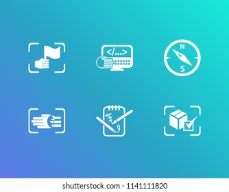 Creative process icon set and coding with mission, final product and compass. Equipment related creative process icon vector for web UI logo design.