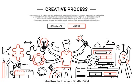 Creative Process - illustration of vector modern simple line design composition and infographics elements with male with many hands. Header, banner for your site.