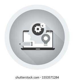 creative process, improving products and services, market research and analysis, brainstorming, planning, design development. Black and white icon