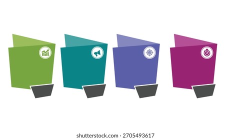 Infografía de proceso creativo Cuatro coloridos pasos doblados con iconos para presentaciones y marketing