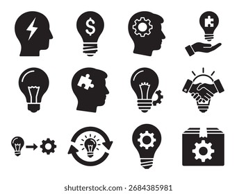 Processo criativo e inovação ícone glifo conjunto mostrando geração de ideias brainstorming resolução de problemas e pensamento estratégico para negócios e projeto de design