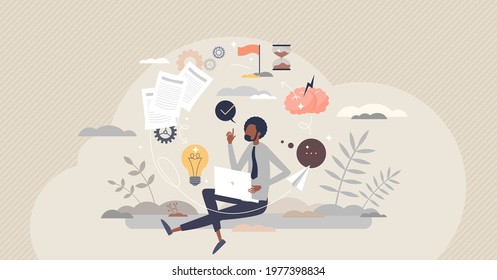 Creative process and innovative idea project thinking tiny person concept. Research and new work planning with brainstorming, solution finding and creativity vector illustration. Mind imagination job.