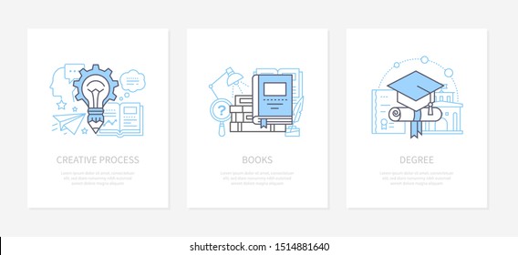 Creative process, innovative thinking concept icons set. Book, knowledge, tutorials, self-education idea line illustrations. Getting degree, bachelor, master vector isolated outline drawings