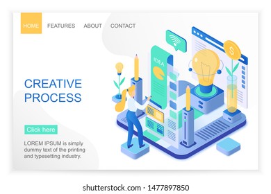 Creative process isometric landing page vector template. Graphic designer service website layout. Idea generation and development, brainstorming, workflow 3d concept. Business strategy webpage