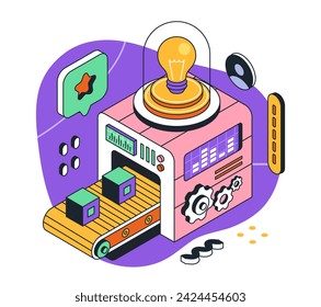 Creative process isometric linear metaphor. Production of ideas, brainstorming. Start up and business project. Graphic element for website. Simple 3D vector illustration isolated on white background
