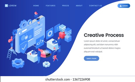 Creative process landing page isometric template. SEO, web design studio workers brainstorming, searching ideas 3D vector website homepage. App software developers, programmers coworking, illustration