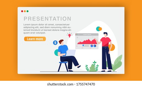 Creative process landing page template. The modern flat design concept of web page design for websites and mobile websites. Easy to edit and adjust. People who are presenting a graph. Vector illustrat