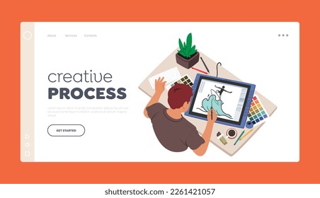 Creative Process Landing Page Template. Graphic Designer Male Character With Stylus Drawing on Tablet at Workplace Top View. Man Bring Creativity Ideas To Life. Cartoon People Vector Illustration