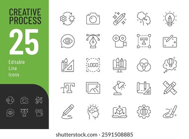 Creative Process Line Editable Icons set. Vector illustration in modern thin line style of design related icons: imagination, tools, areas of creative activity, and more.