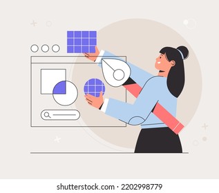 Creative process of making vector illustration for web ui design. Design and Development illustrations. Woman illustrator working in software drawing abstract shapes. Flat vector illustration.