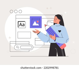 Creative process of making vector illustration for web ui design. Design and Development illustrations. Woman illustrator working in software drawing abstract shapes. Flat vector illustration.