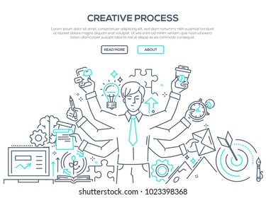 Creative process - modern line design style illustration on white background. Banner with heading, place for your text, information. An image of an inspired person, doing a lot of tasks simultaneously