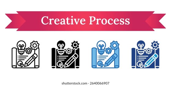 Creative Process Multi Style Icon - Paper, lightbulb, pencil, and gears symbolizing efficient idea development and execution