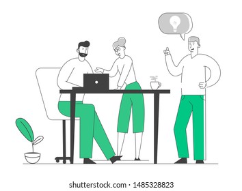 Creative Process in Office. Business People Stand at Desk Discussing Idea Concept with Light Bulb in Speech Bubble. Team Project Development, Teamworking. Cartoon Flat Vector Illustration, Line Art