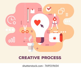 Creative process with office supplies concept on pink background with title. Vector color illustration of big light bulb, cup of coffee, pencil, stationery and icons. Flat style design for web, banner