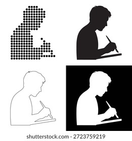 Proceso creativo de una persona dibujando o escribiendo utilizando varios estilos de arte digital y tradicional
