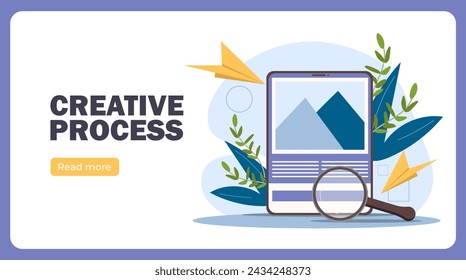 Afiche del proceso creativo. Imagen cerca de la lupa. Artículos de CReating y contenido interesante. Diseño de página web de aterrizaje. Ilustración plana del vector de la historieta aislada sobre fondo violeta