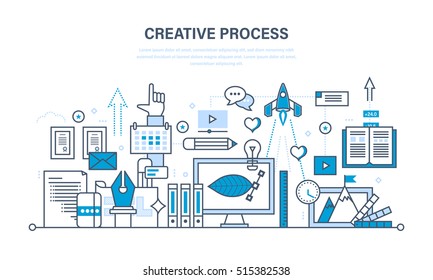 Creative process in stages: filling the brief, prototyping models and sketches, creation of the finished illustration and project. Illustration thin line design